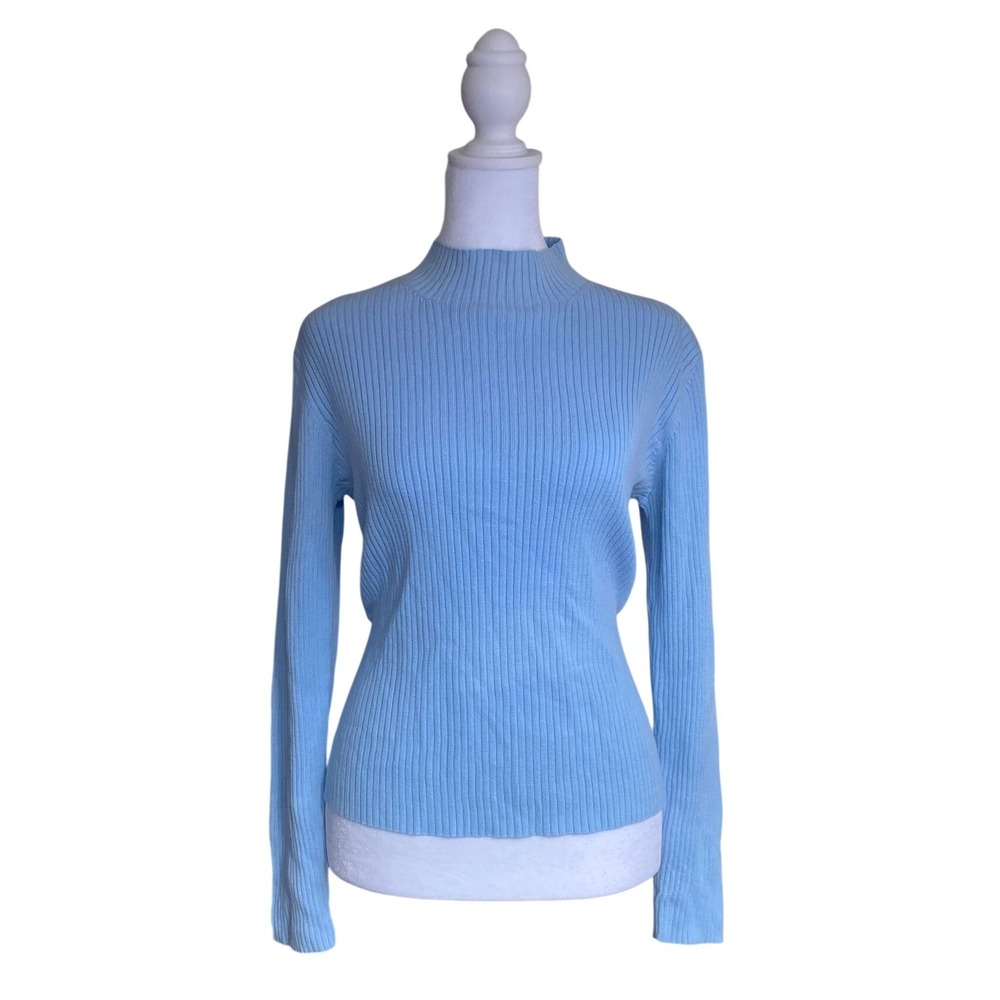 Vintage 1990s Ribbed Mock Neck Blue Sweater‎ Large Preppy Collegiate Winter Ski
